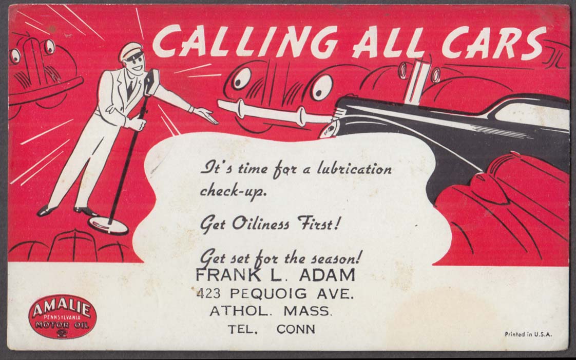 Image for Amalie Motor Oil Calling All Cars blotter Frank L Adam Athol MA ca 1940s
