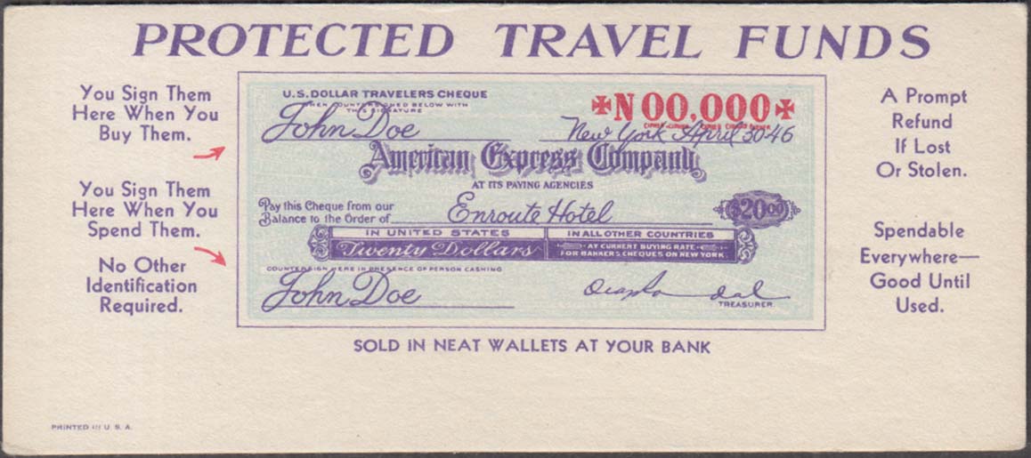 Image for American Express Travelers Cheques Protected Travel Funds blotter 1946