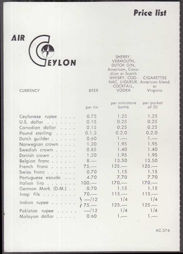 Image for Air Ceylon Airlines Drink & Cigarette Price List 1957