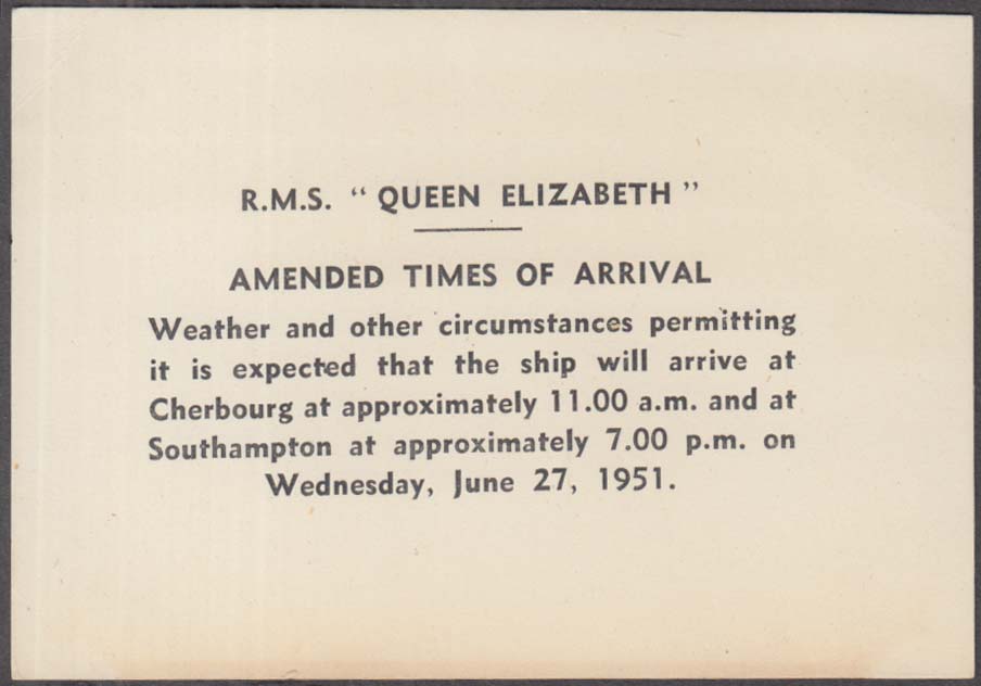 Image for Cunard Line R M S Queen Elizabeth Amended Times of Arrival card 1951