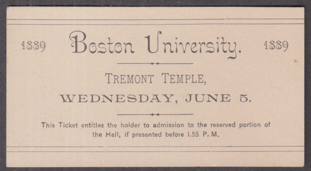 Image for Boston University Graduation admission card Tremont Temple 1889