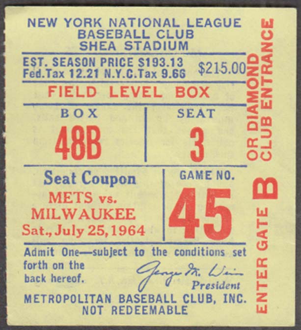 Image for Milwaukee Braves at New York Mets ticket stub 7/25 1964 Field Box
