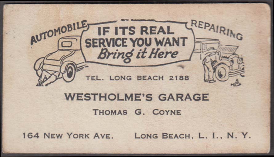 Image for Westholme's Garage business card Long Beach NY Thomas G Coyne 1930s