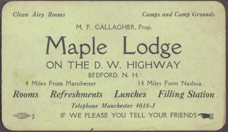 Image for Maple Lodge on Daniel Webster Highway Bedford NH business card ca 1940s