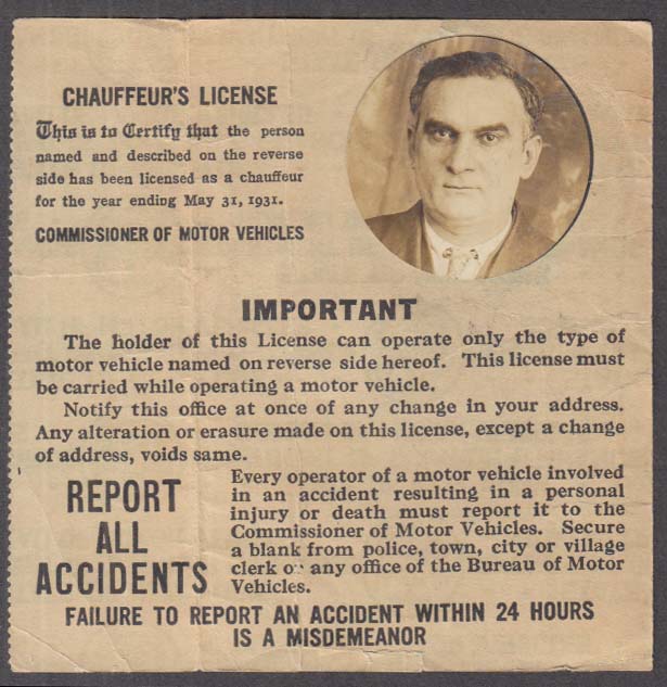 Image for New York State Chauffeur's License w/ real photo 1931 OBSOLETE