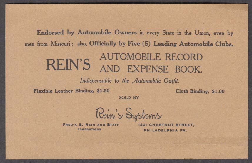 Image for Rein's Auromobile Record & expense Book advertising card ca 1930s Philadelphia