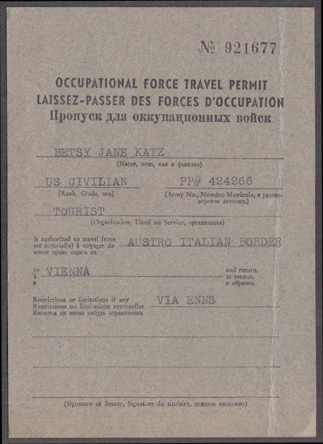 Image for US Army Occupational Force Travel Permit for a US Tourist 1951 Austrian border
