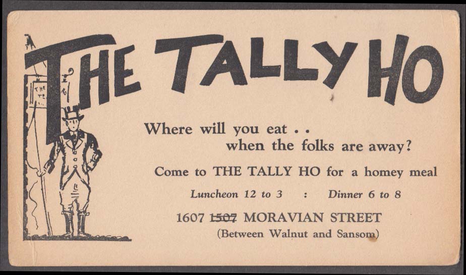 Image for The Tally-Ho Restaurant 1607 Moravian St Philadelphia blotter ca 1940s