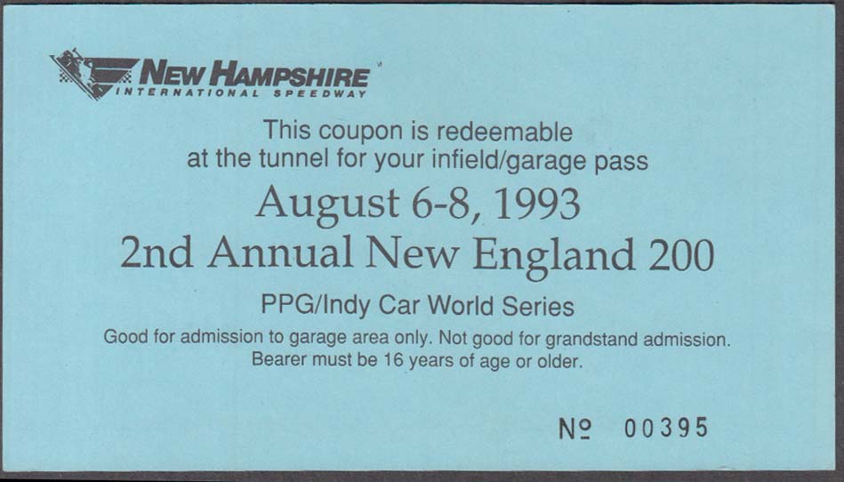 Image for New Hampshire International Speedway Indy Car New England 200 garage pass 1993