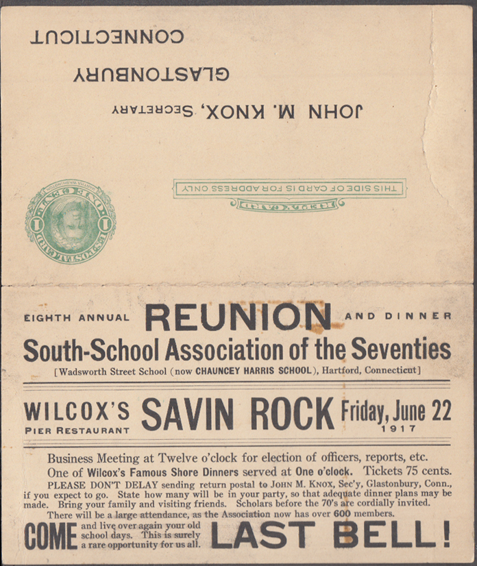 Image for South School Assn of the Seventies Savin Rock Reunion invite 1917 Hartford CT