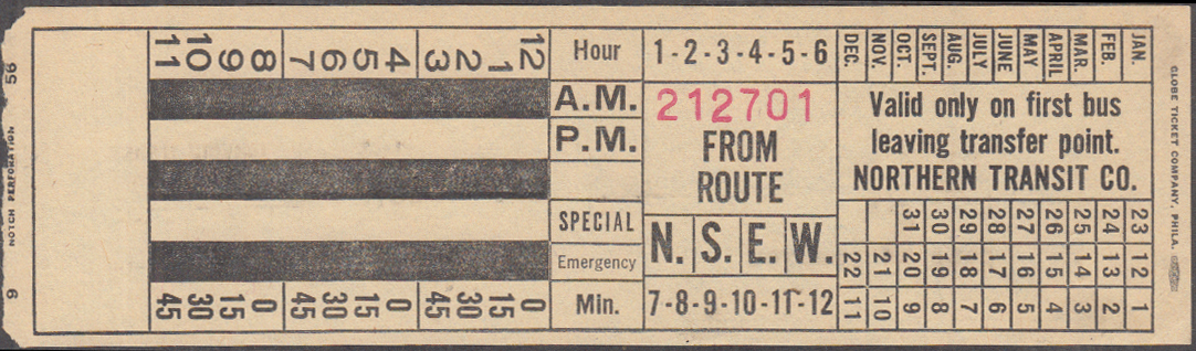 Image for Northern Transit Company Fargo ND bus transfer 1956