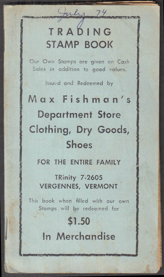 Image for Max Fishman's Department Store trading stamp book Vergennes VT
