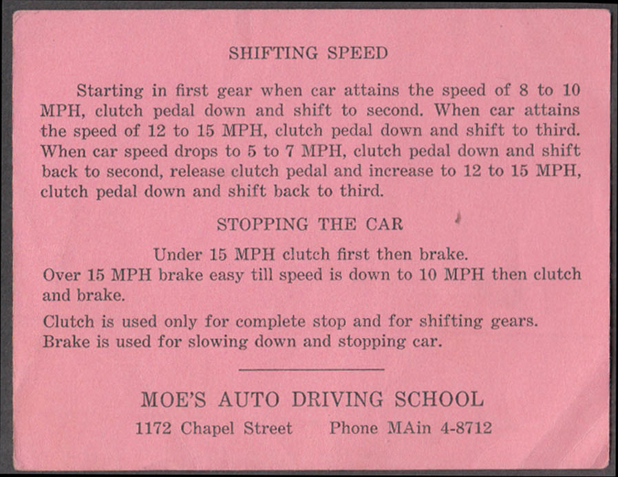 Image for Moe's Auto Driving School New Haven CT Manual Shifting & Stopping card 1950s
