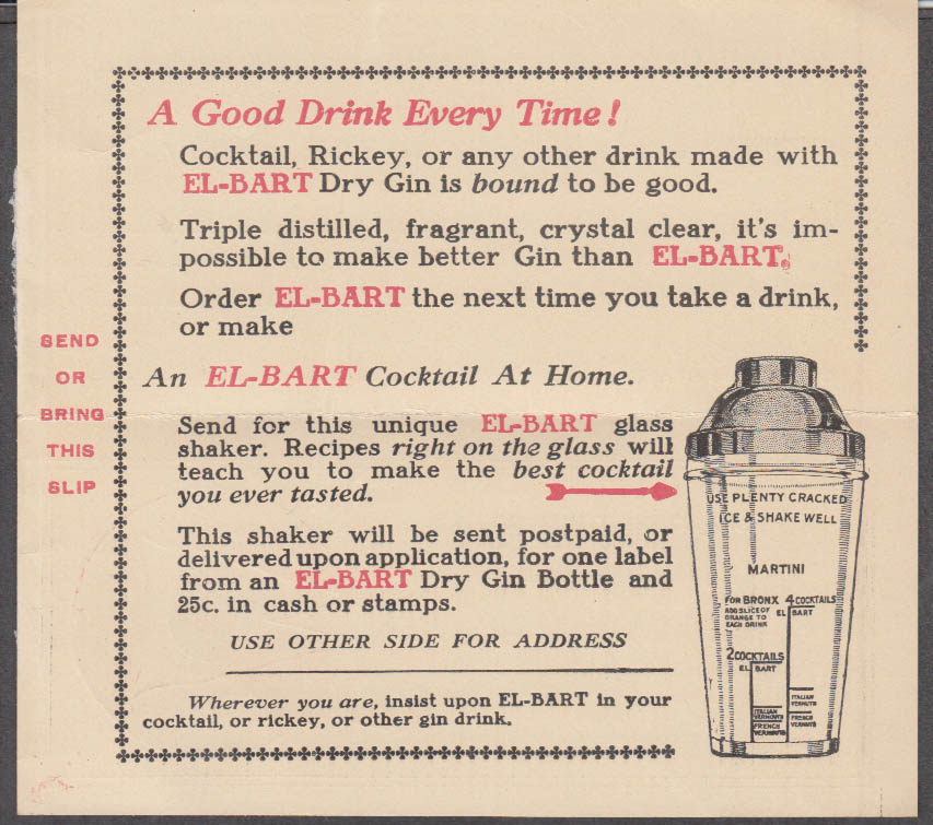 Image for El-Bart Dry Gin cocktail shaker offer folder ca 1930s