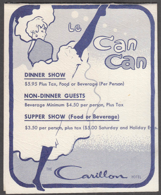 Image for Carillon Hotel tentcard Can Can Show Tambourine Room Sugar Spice Miami FL 1960s
