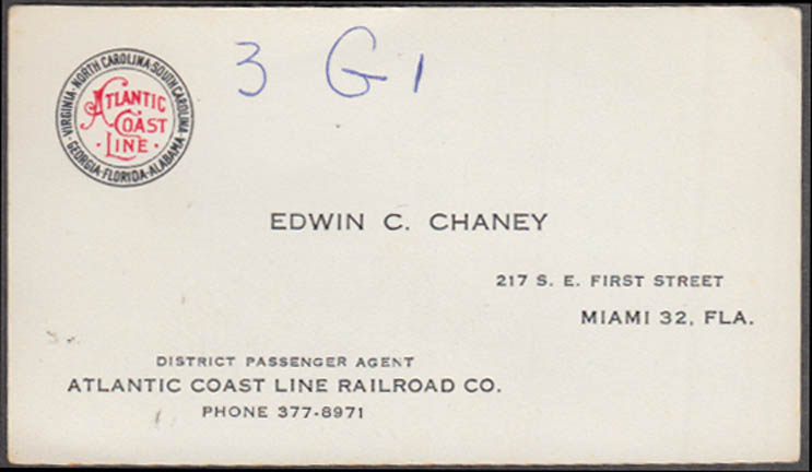 Image for Atlantic Coast Line Railroad Edwin C Chaney Passenger Agent business card