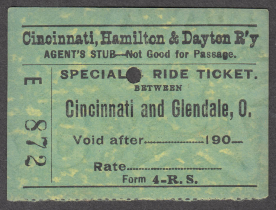 Image for Cincinnati Hamilton & Dayton Railroad Special Ride Ticket to Glendale OH 1900