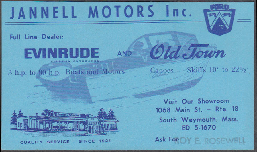 Image for Jannell Motors S Weymouth MA card Ford Evinrude Old Town ca 1950s