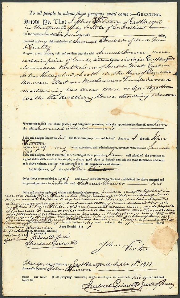 Image for 1811 deed Samuel Brewer-John Vinton E Hartford CT