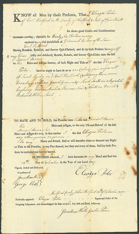 Image for 1807 deed Samuel Brewer-Eleazar Porter E Hartford CT