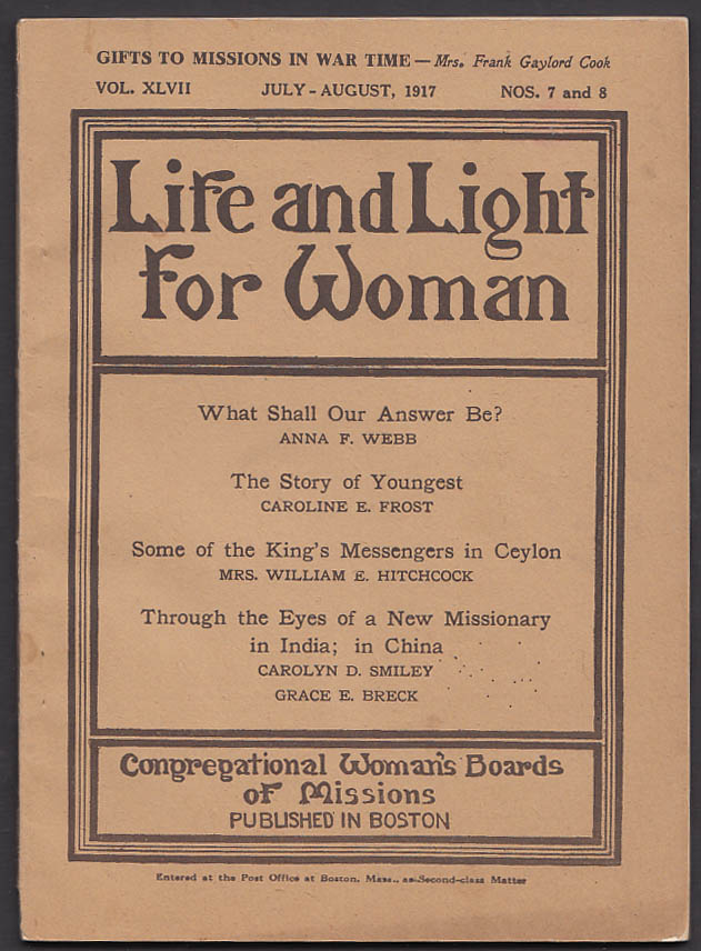 Image for Life & Light for Woman: Congregational Woman's Boards of Missions 7-8 1917 issue