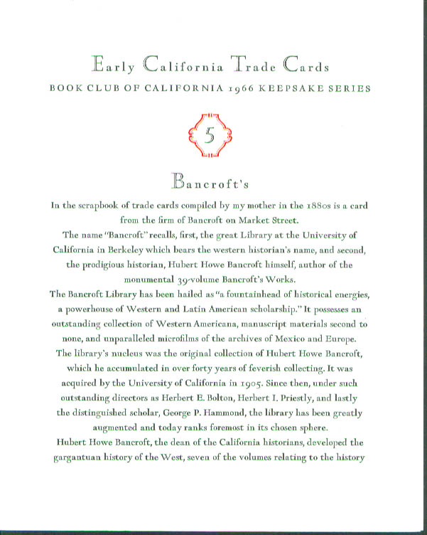 Image for Bancroft's California Trade Card keepsake 1966