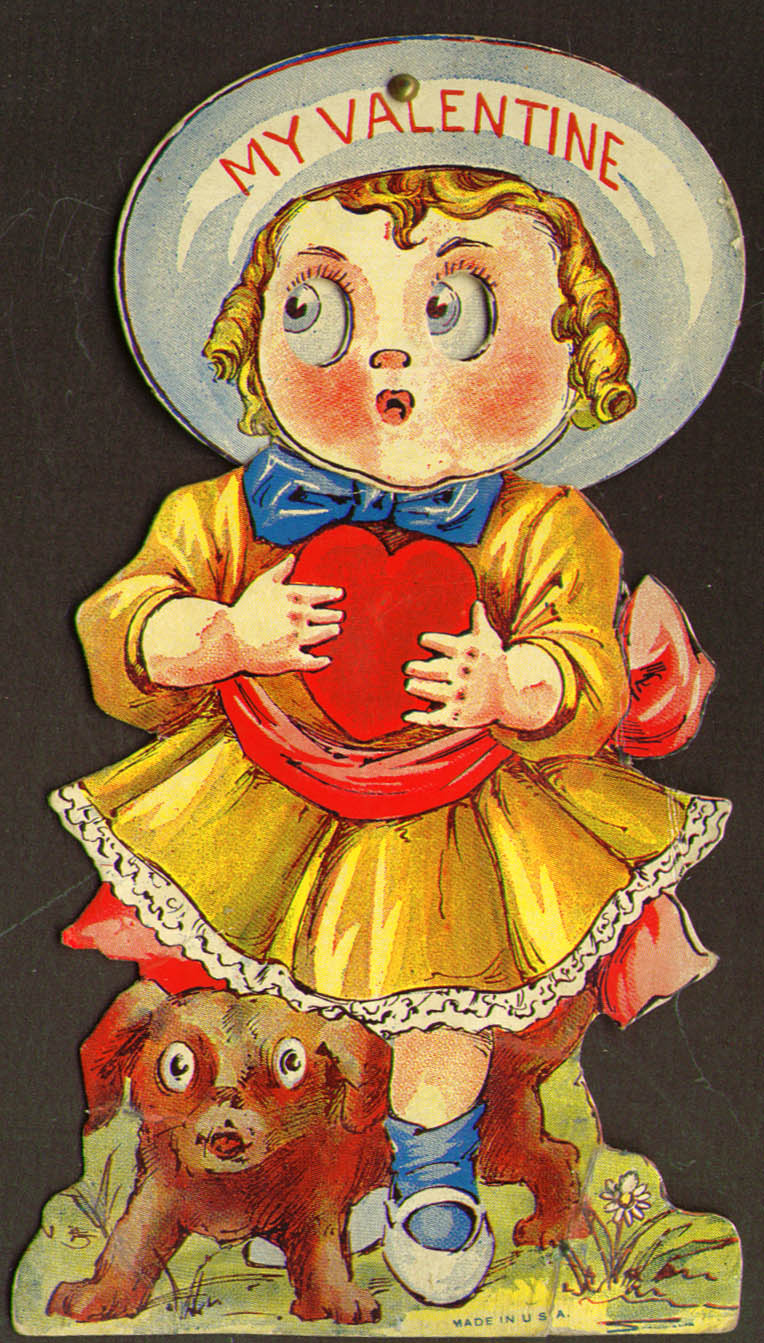 Image for Curly top girl & puppy moveable head stand-up Valentine 1910s