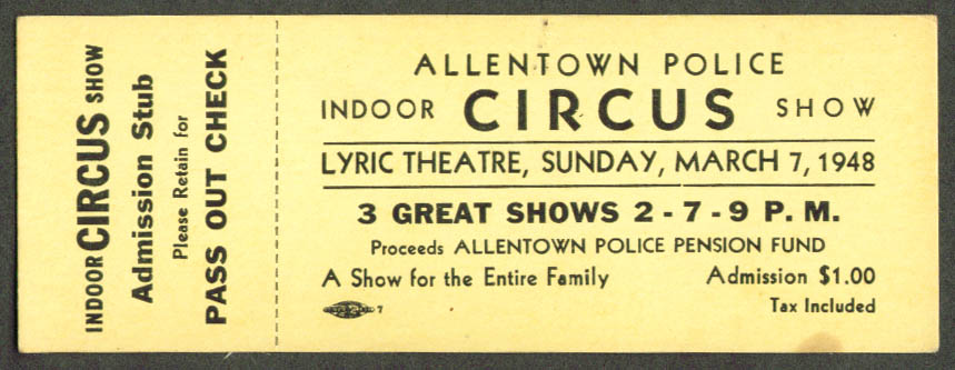 Image for Allentown Police Indoor Circus Ticket PA 1948