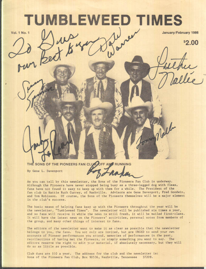 Image for Sons of the Pioneers TUMBLEWEED TIMES 1-2 1986 SIGNED by 6 members