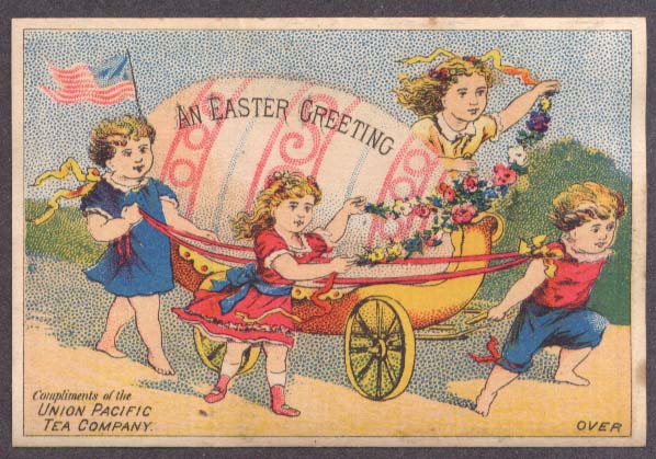 Image for Union Pacific Tea Easter Greeting trade card 4 girls & egg carriage 1880s