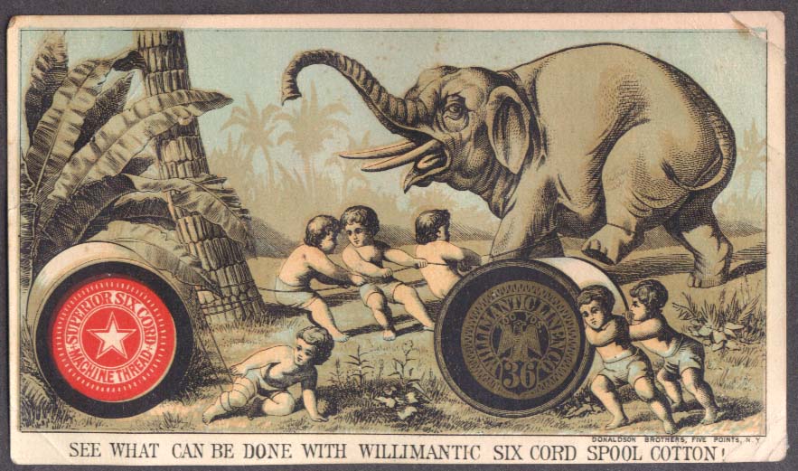 Image for See What Can Be Done Willimantic Thread trade card tied up elephant 1880s