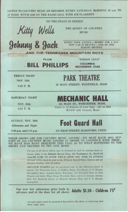 Image for Kitty Wells Johnny & Jack Bill Phillips concert mailer New England tour 1950s