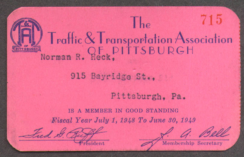 Image for Pittsburgh Traffic & Transportation Association Membership Card 1948-1949