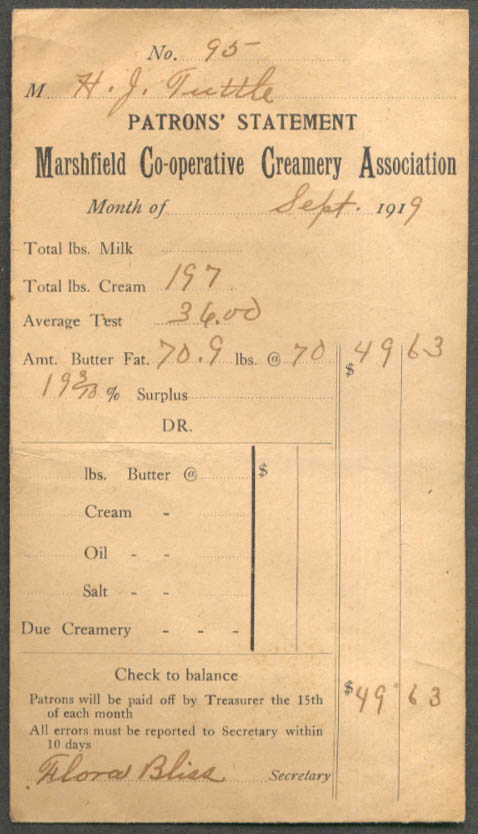 Image for Marshfield Cooperative Creamery Assn Monthly Patron Statement 9 1919 envelope