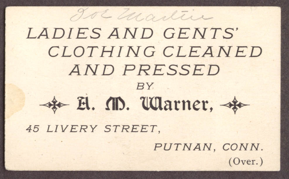 Image for A M Warner Ladies & Gents Clothing Cleaned & Pressed card Putnam CT ca 1910