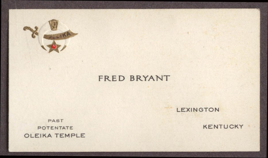 Image for Fred Bryant Past Potentate Oleika Temple Lexington KY card ca 1930s
