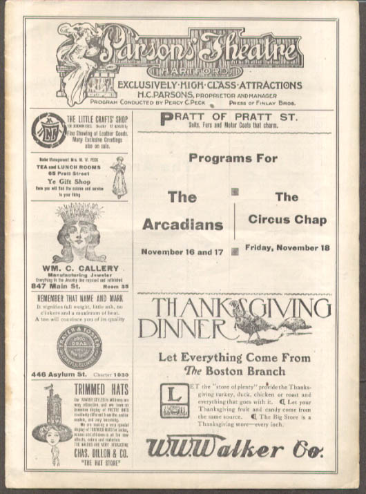 Image for The Arcadians The Circus Chap Parsons' Theatre program Hartford CT 1910