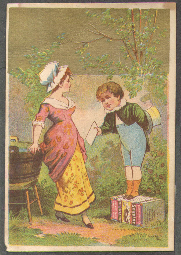 Image for Kendall Soapine trade card Providence RI boy on box hands letter to girl 1880s