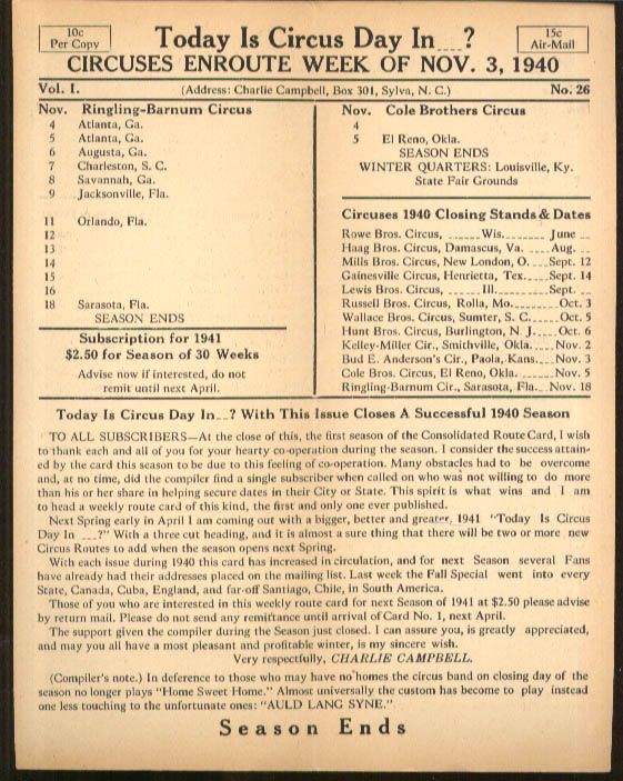 Image for Today is Circus Day Consolidated Route Card #26 11/3 1940 Ringling Bros et al
