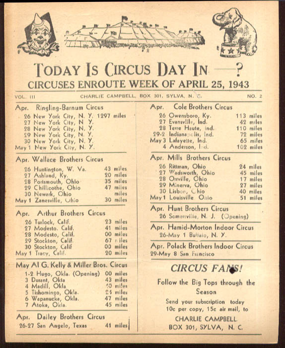 Image for Today is Circus Day Consolidated Route Card #2 4/25 1943 Ringling Bros et al