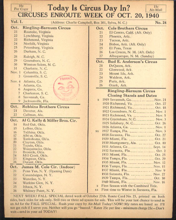 Image for Today is Circus Day Consolidated Route Card #24 10/20 1940 Ringling Bros et al