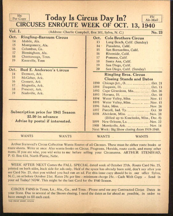 Image for Today is Circus Day Consolidated Route Card #23 10/13 1940 Ringling Bros et al