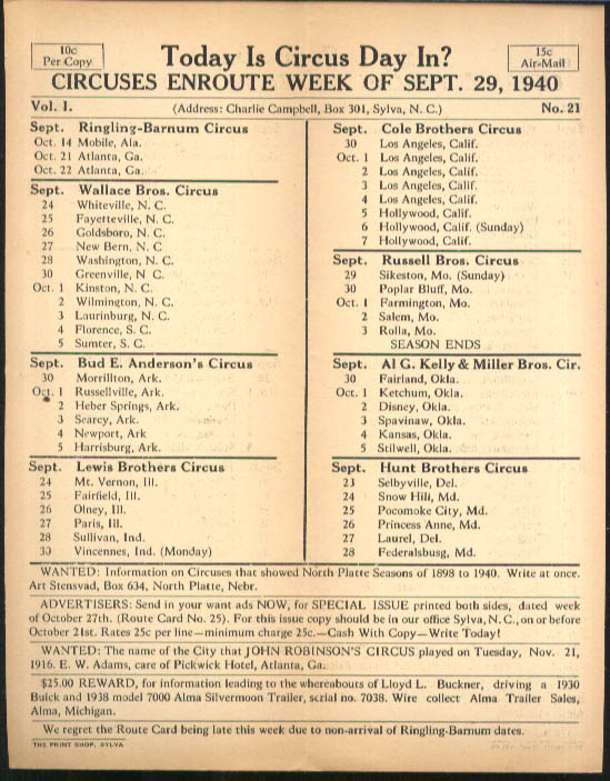 Image for Today is Circus Day Consolidated Route Card #21 9/29 1940 Ringling Bros et al