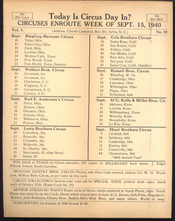 Image for Today is Circus Day Consolidated Route Card #219 9/15 1940 Ringling Bros et al