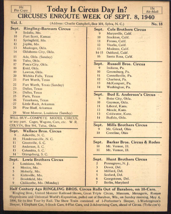 Image for Today is Circus Day Consolidated Route Card #18 9/8 1940 Ringling Bros et al