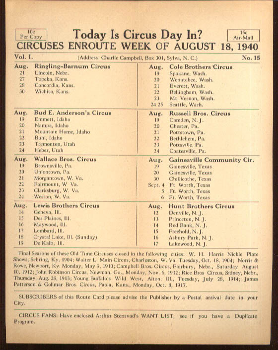 Image for Today is Circus Day Consolidated Route Card #15 8/18 1940 Ringling Bros et al