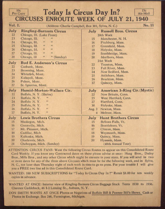 Image for Today is Circus Day Consolidated Route Card #11 7/21 1940 Ringling Bros et al