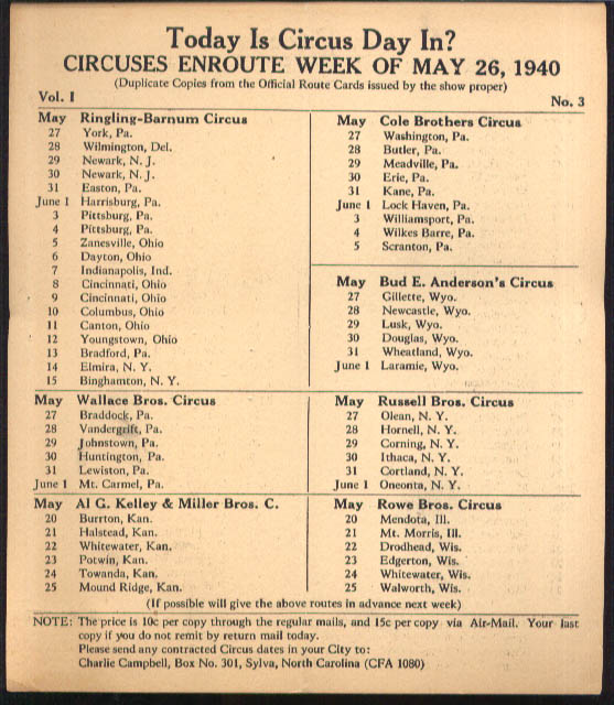 Image for Today is Circus Day Consolidated Route Card #3 5/26 1940 Ringling Bros et al