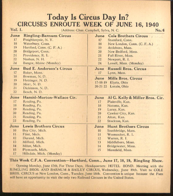 Image for Today is Circus Day Consolidated Route Card #6 6/16 1940 Ringling Bros et al
