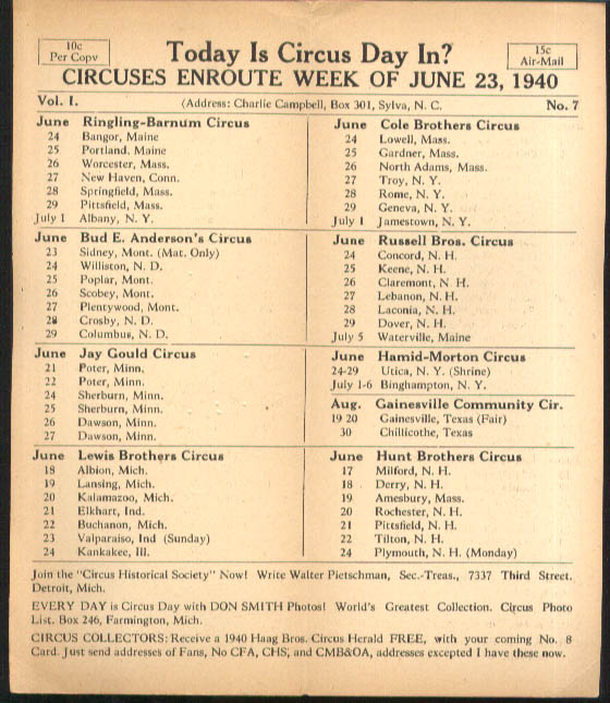 Image for Today is Circus Day Consolidated Route Card #7 6/23 1940 Ringling Bros et al